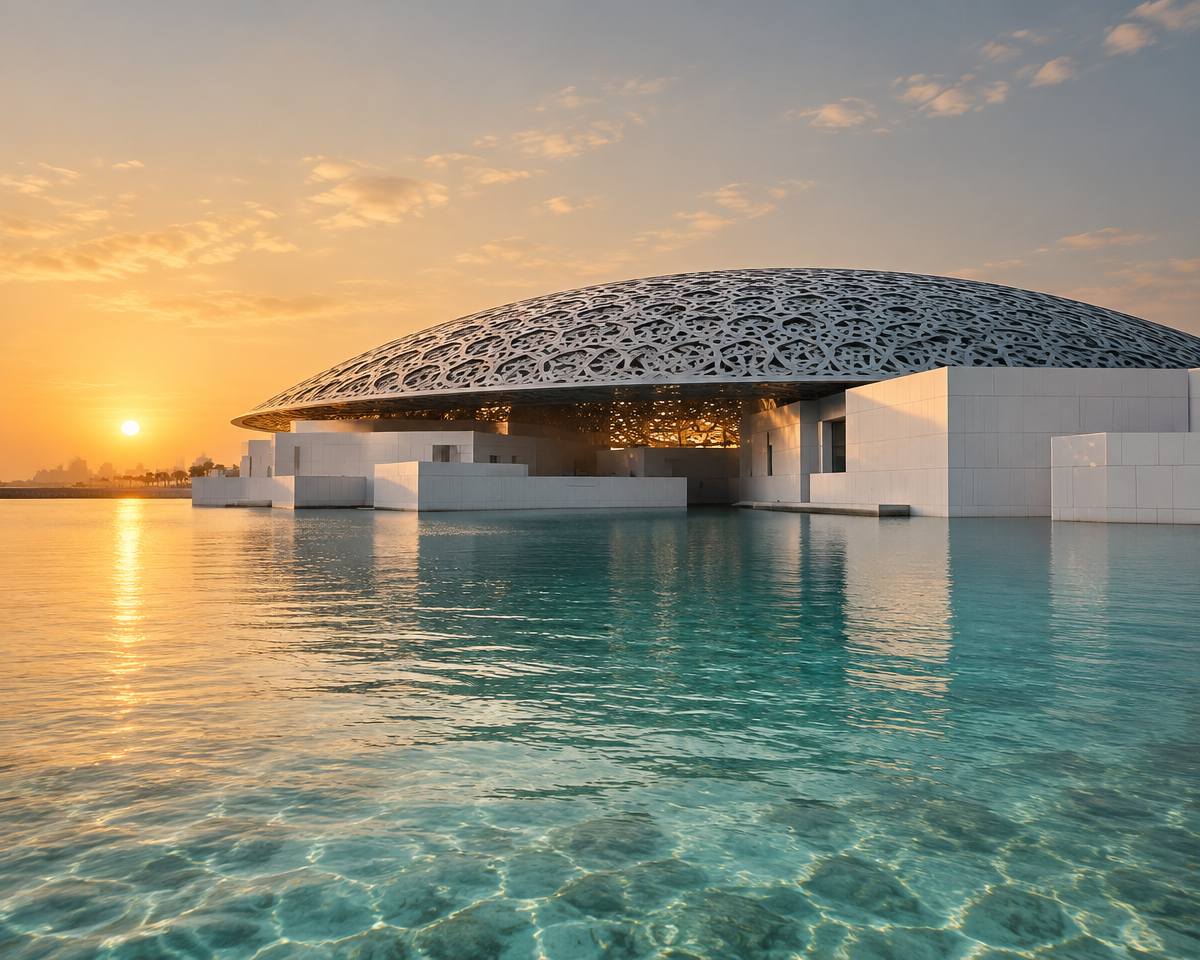 Dome architecture over calm water at sunset on Saadiyat Island