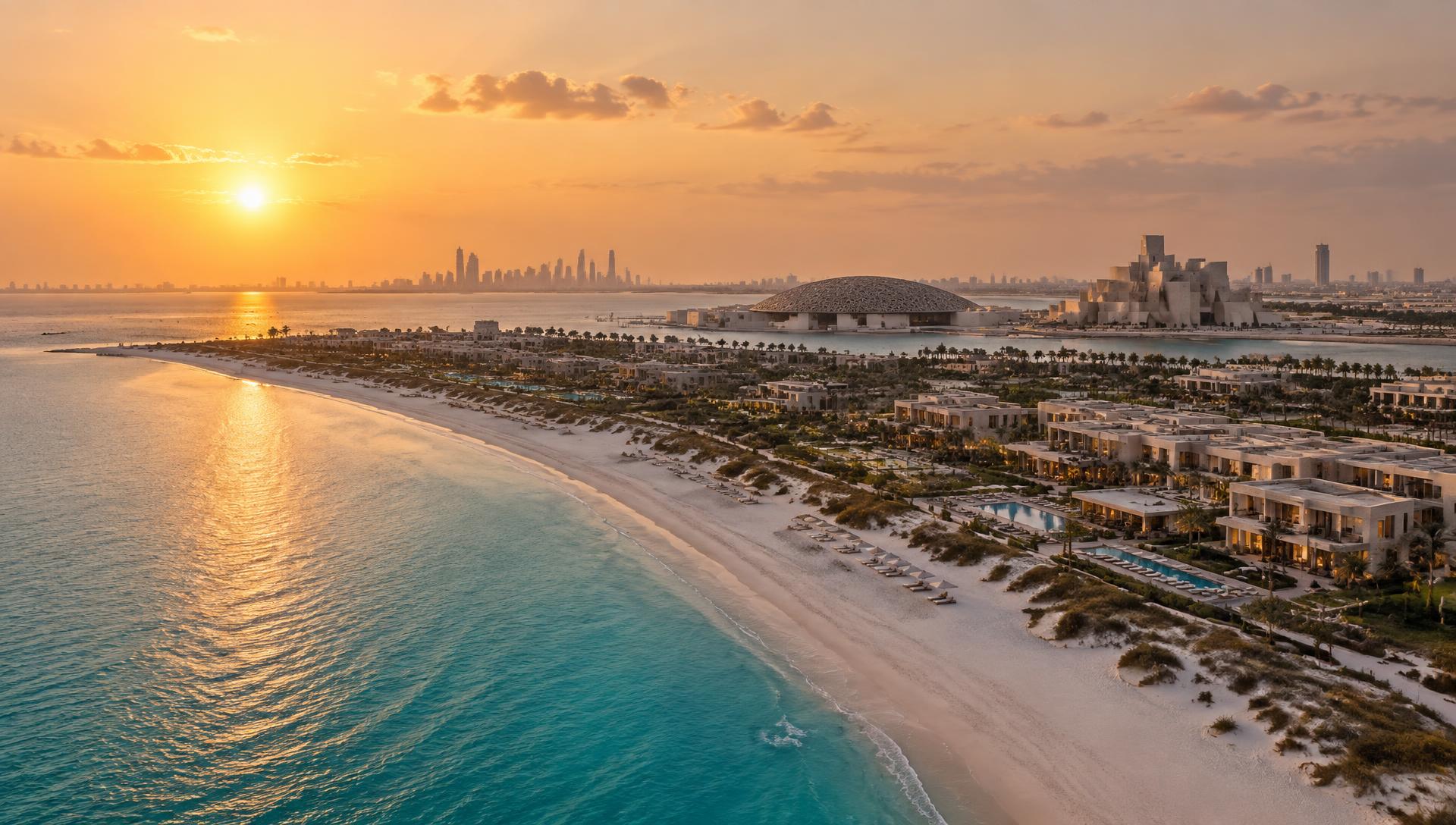 Aerial view of the Saadiyat Island coastline at sunset